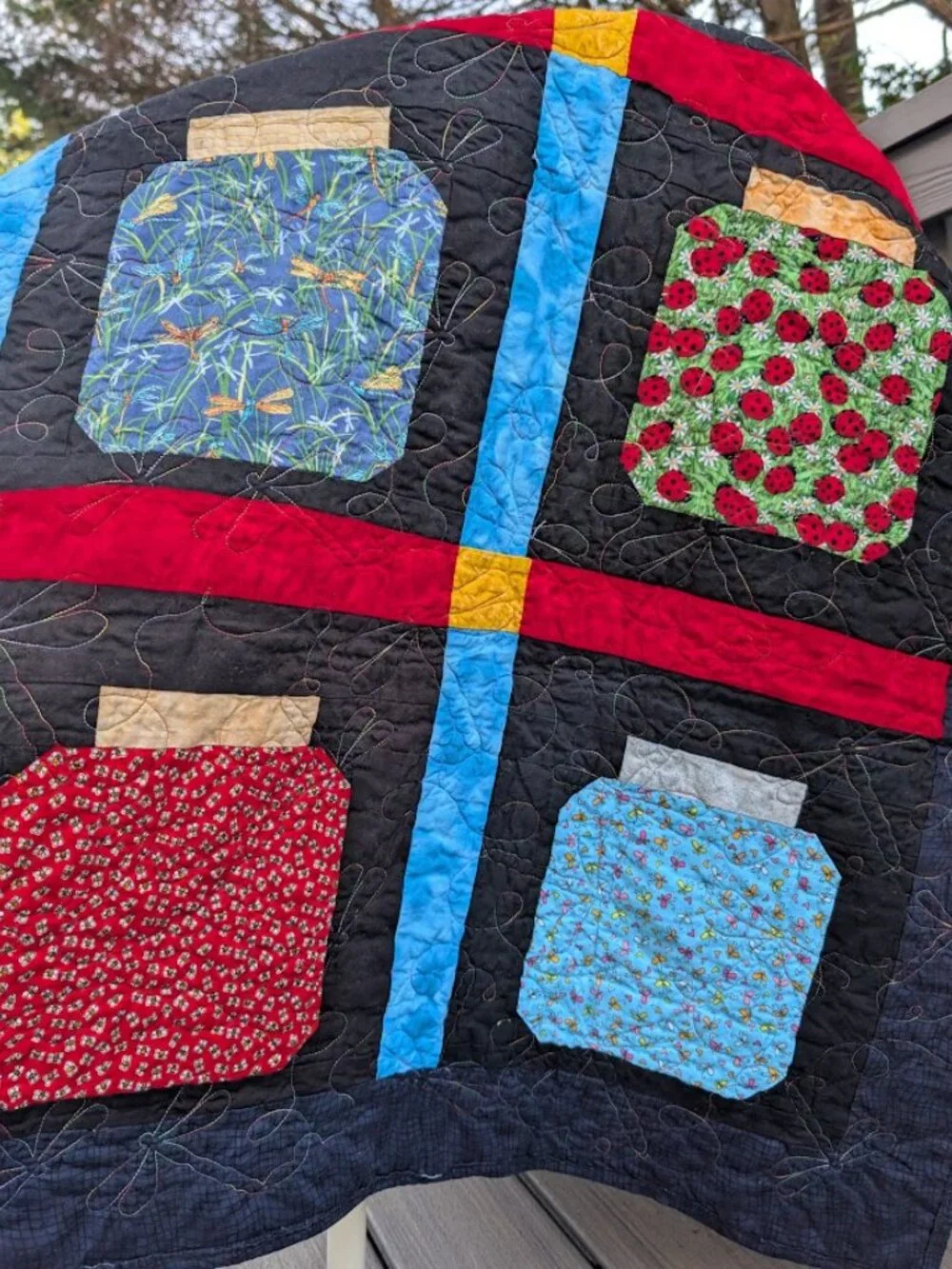 Bug Collection in Jars Quilt Black & Vibrant Colors 56 x 44